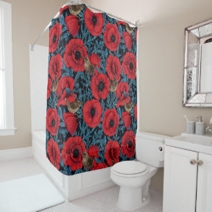 Red poppies and wrens, blue leaves on black shower curtain