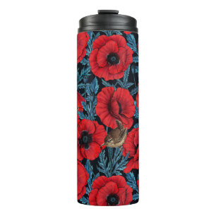 Red poppies and wrens, blue leaves on black thermal tumbler
