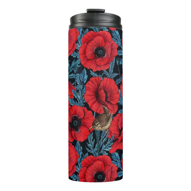 Red poppies and wrens, blue leaves on black thermal tumbler (Front)