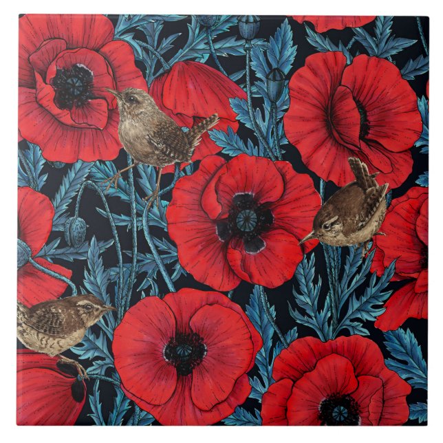 Red poppies and wrens, blue leaves on black tile (Front)