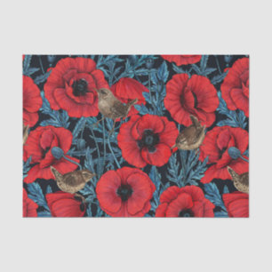 Red poppies and wrens, blue leaves on black tissue paper