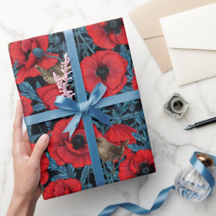 Red poppies and wrens, blue leaves on black wrapping paper