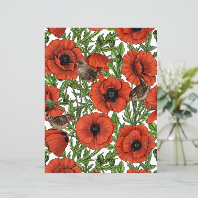 Red poppies and wrens, green leaves on white (Standing Front)