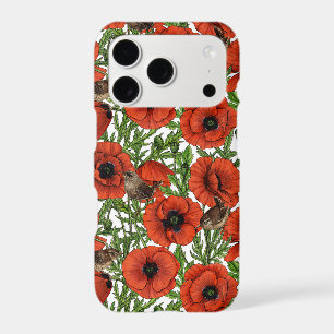 Red poppies and wrens, green leaves on white