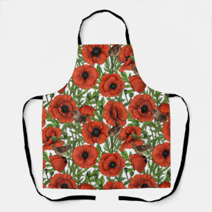 Red poppies and wrens, green leaves on white apron