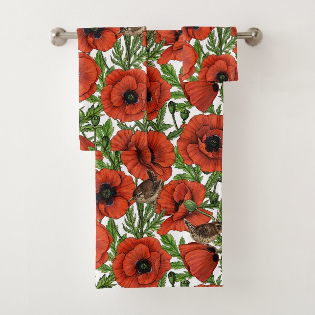 Red poppies and wrens, green leaves on white bath towel set (Insitu)