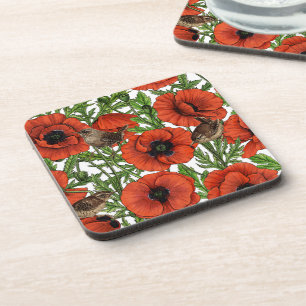 Red poppies and wrens, green leaves on white coaster