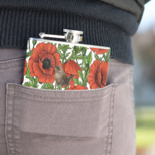 Red poppies and wrens, green leaves on white hip flask