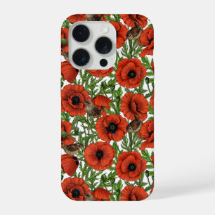 Red poppies and wrens, green leaves on white iPhone 15 pro case