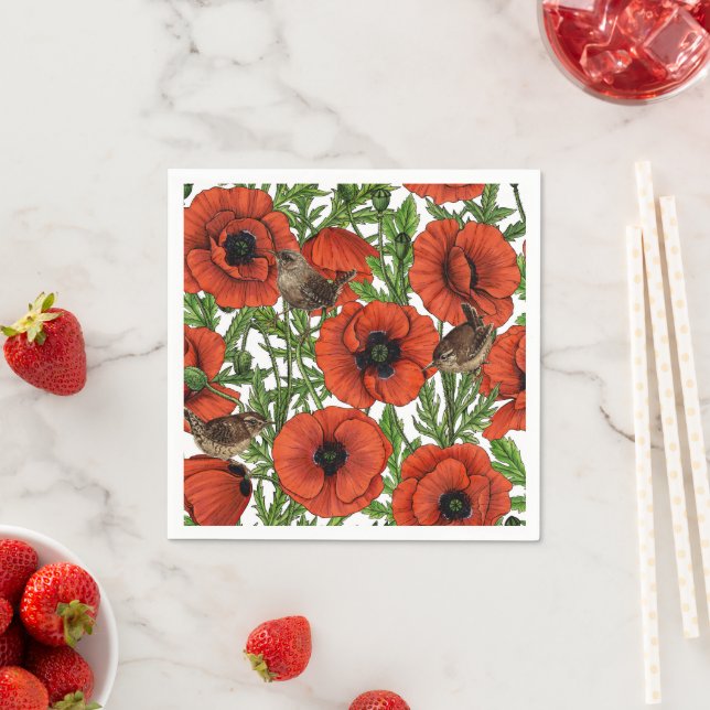 Red poppies and wrens, green leaves on white napkin (Insitu)