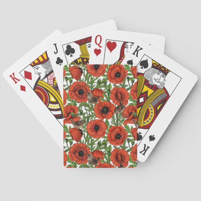 Red poppies and wrens, green leaves on white playing cards (Back)