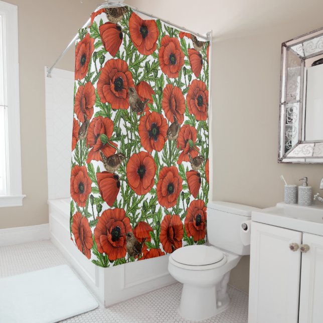 Red poppies and wrens, green leaves on white shower curtain (In Situ)