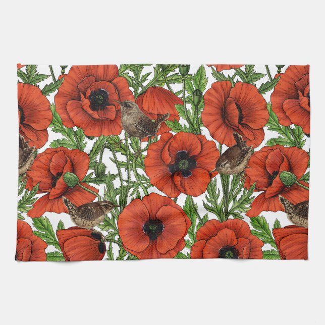 Red poppies and wrens, green leaves on white tea towel (Horizontal)