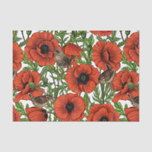 Red poppies and wrens, green leaves on white tissue paper