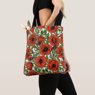 Red poppies and wrens, green leaves on white tote bag