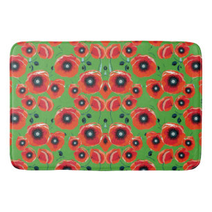 Red Poppies Apple Green Bath Mat