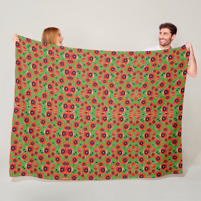 Red Poppies Apple Green Fleece Blanket (In Situ)