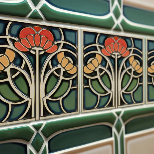 Red Poppies Art Deco Floral Wall Decor Art Nouveau Tile