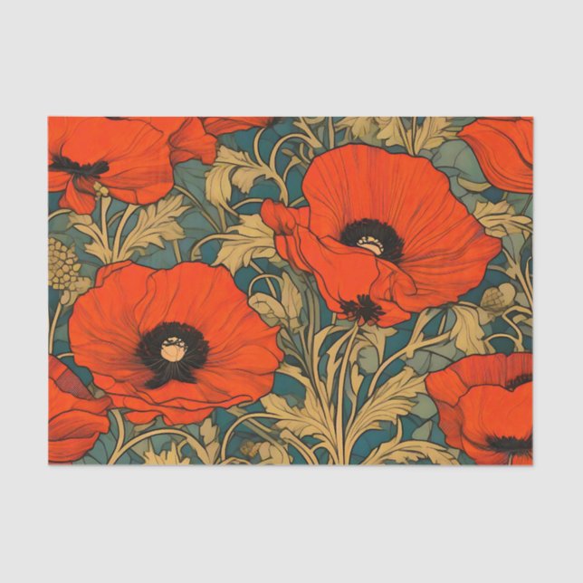Red  Poppies Art Nouveau Pattern Tissue Paper (Front)