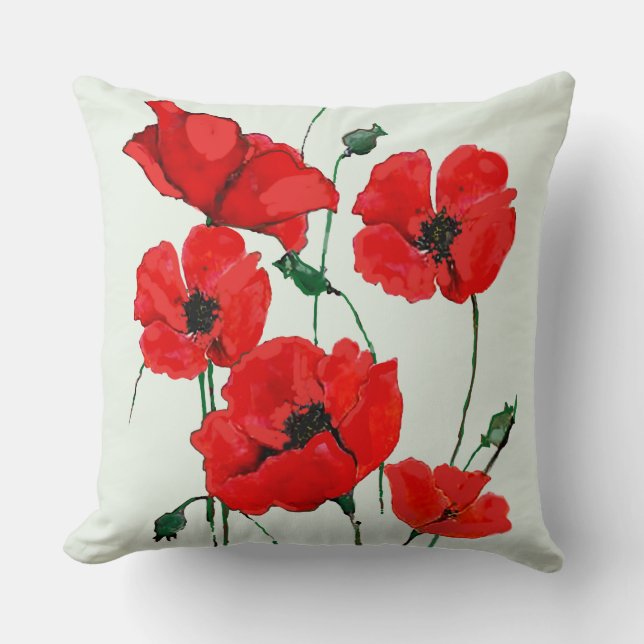 Red Poppies Art with Stems and Buds Cushion (Front)