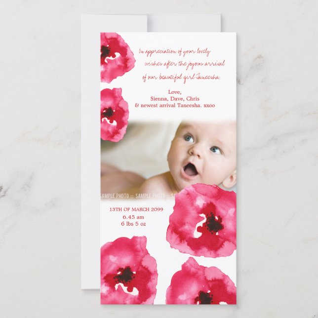 Red Poppies Baby Birth Thank You Photo Card (Front)