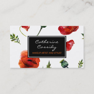 Red Poppies, Black and White Floral, Makeup Artist Business Card