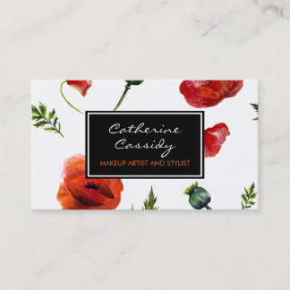 Red Poppies, Black and White Floral, Makeup Artist Business Card