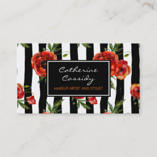 Red Poppies, Black and White Stripe, Makeup Artist Business Card