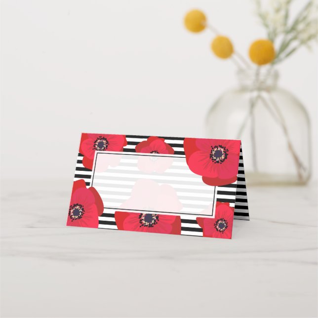Red Poppies & Black and White Stripes Wedding Place Card (Front)