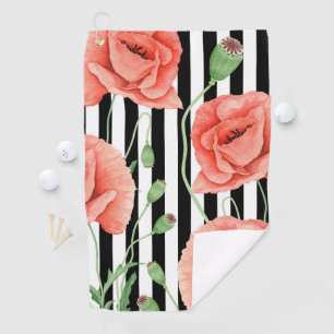Red Poppies Black Stripes Chic Golf Towel