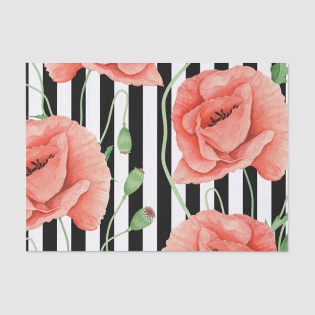 Red Poppies Black Stripes Chic Tissue Paper (Front)