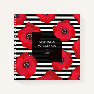 Red Poppies & Black Stripes - Name Notebook
