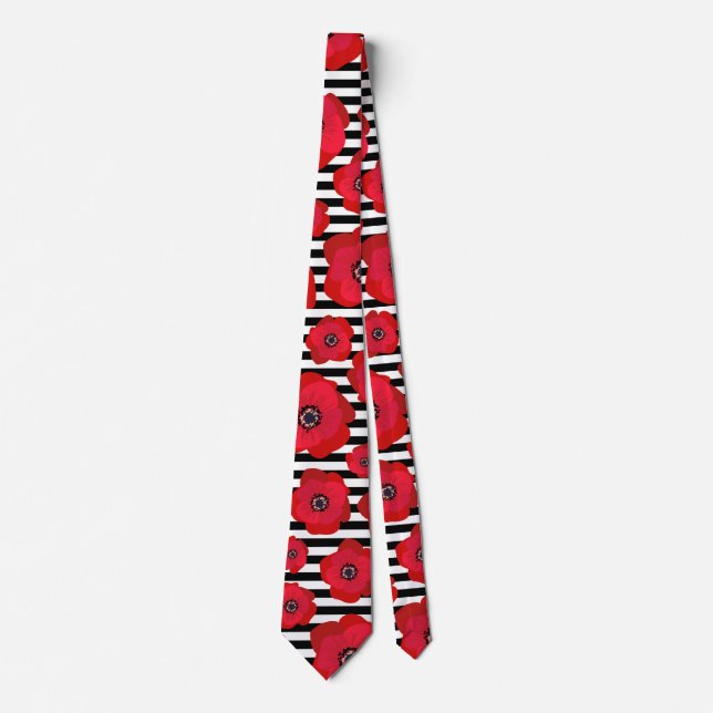 Red Poppies & Black White Stripes  Tie (Front)