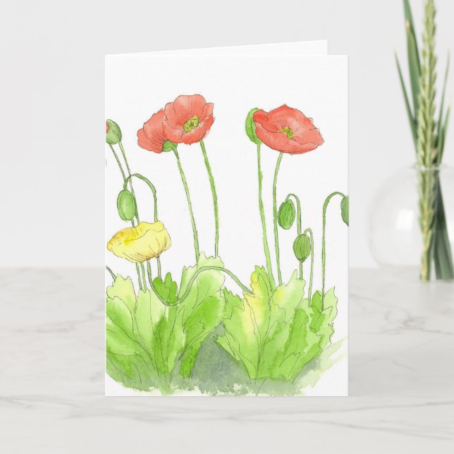 Red Poppies Blank Note Card Watercolor Wildflower (Front)