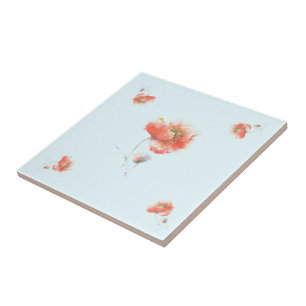 Red Poppies Blue Ceramic Tile - Choose Colours