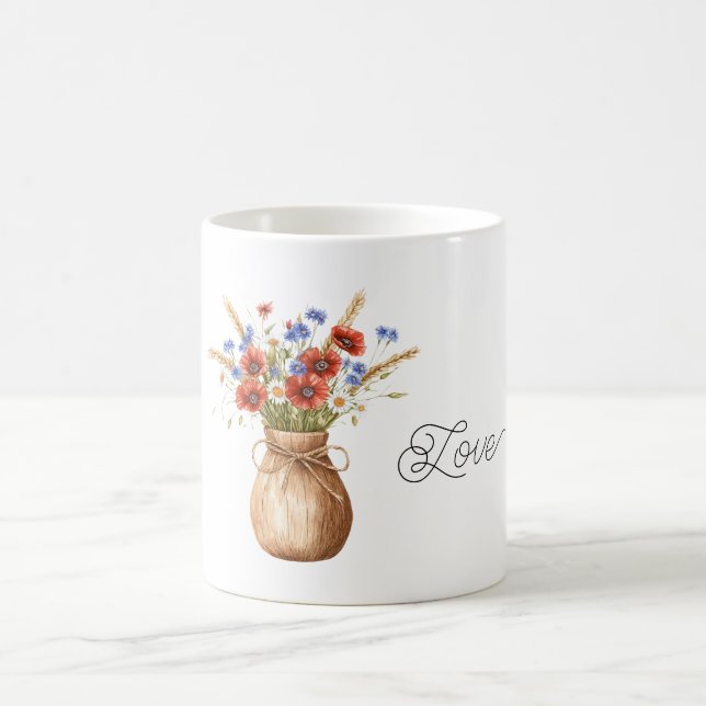 Red Poppies Blue Flowers Coffee Mug (Center)