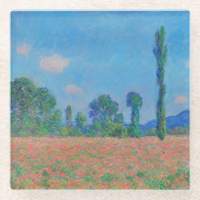 Red Poppies Blue Sky by Monet - Poppy Field Glass Coaster (Front)