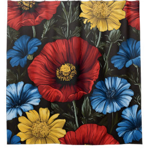 Red poppies blue yellow Flowers Shower Curtain