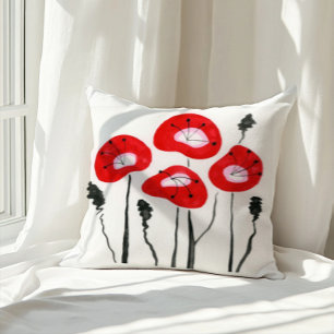 Red Poppies Boho Modern Floral Pattern Cushion