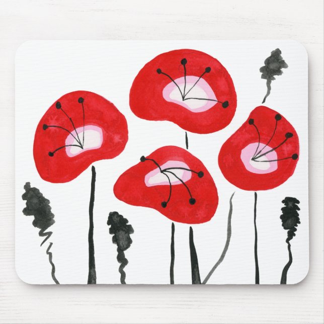 Red Poppies, Bright Midcentury Modern, Unique Mouse Mat (Front)
