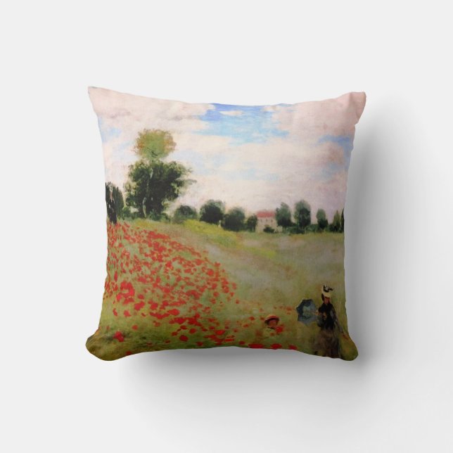 Red Poppies by Monet - Poppy Field Parasol Woman Cushion (Front)