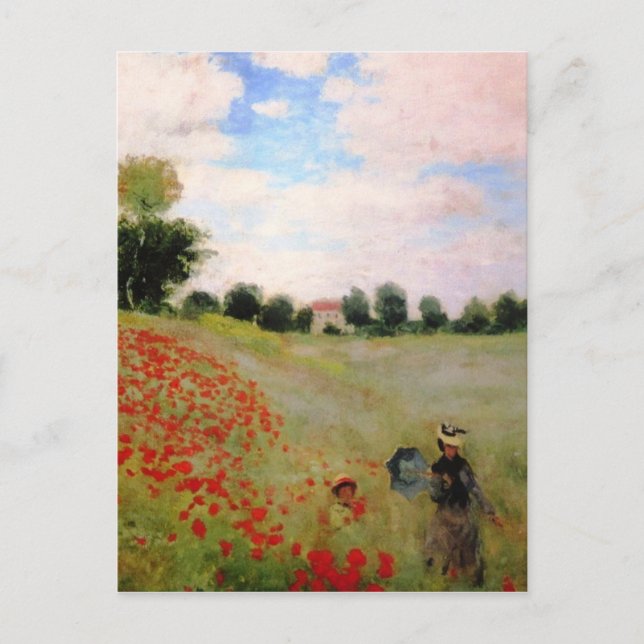 Red Poppies by Monet - Poppy Field Parasol Woman Postcard (Front)