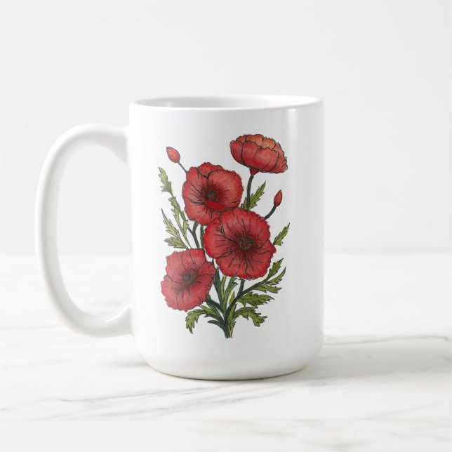 Red Poppies Ceramic Mug, (15oz) Coffee Mug (Left)