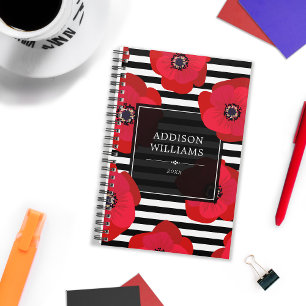 Red Poppies Chic Black White Stripes Planner