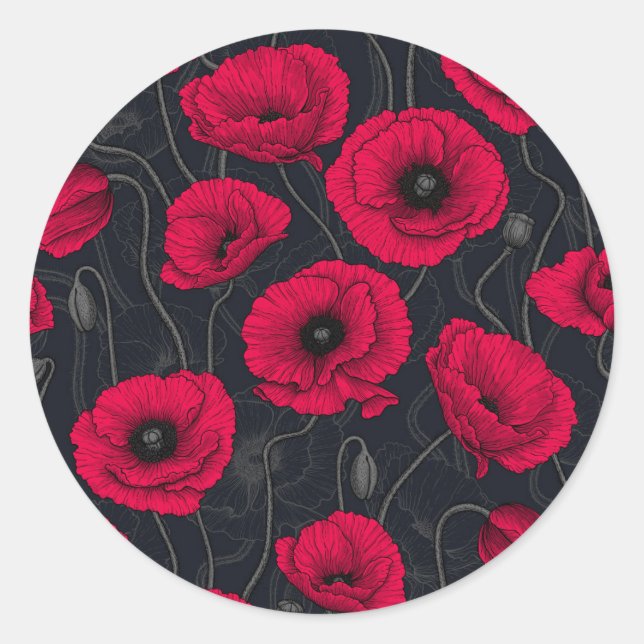 Red Poppies Classic Round Sticker (Front)