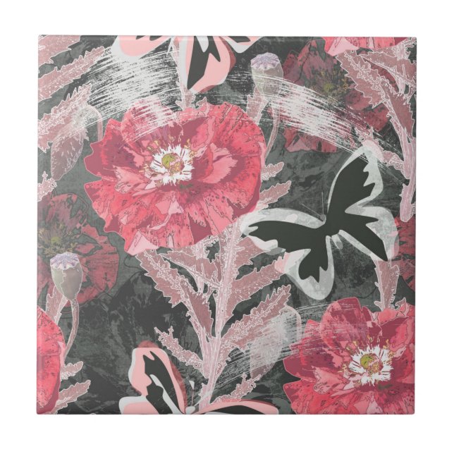 Red poppies.Colourful floral print. Tile (Front)