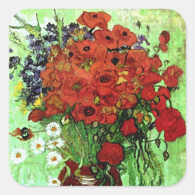 Red Poppies & Daisies Van Gogh Fine Art Square Sticker (Front)
