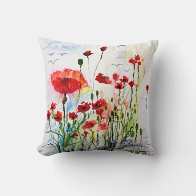 Red Poppies Fantasy Watercolor Ginette Cushion (Front)
