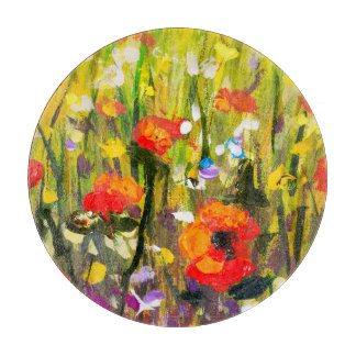 Red Poppies Field Abstract Painting Cutting Board