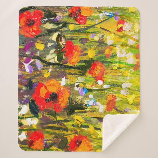 Red Poppies Field Abstract Painting Sherpa Blanket (Front)